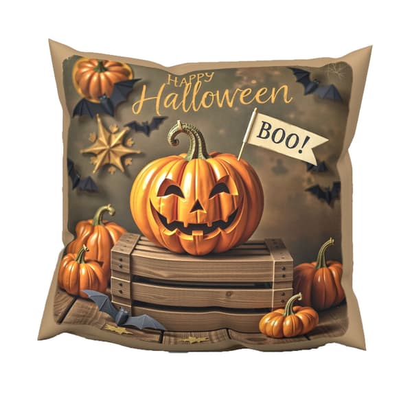 Halloweenpumpakudde för barn på en trälåda