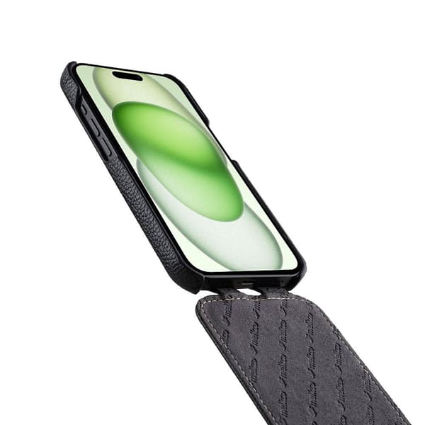 MELKCO Flip-etui til iPhone 15, læder, sort