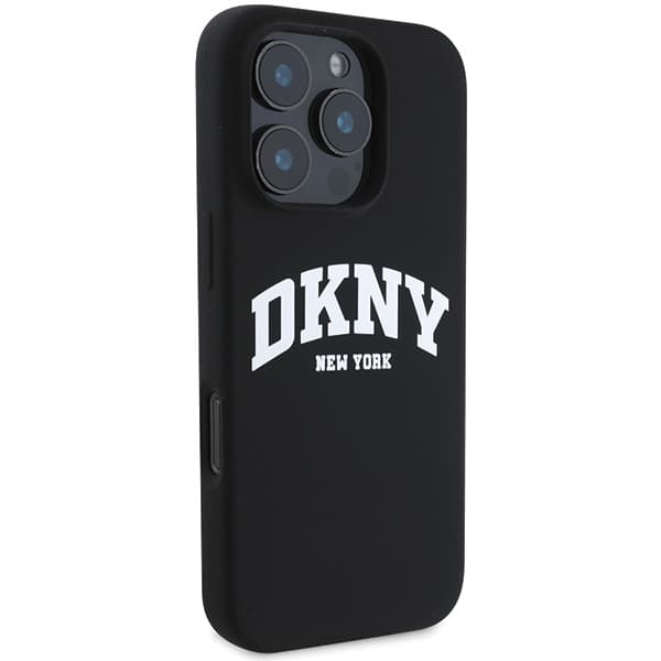 DKNY Liquid Silicone White Printed Logo MagSafe-etui til iPhone 16 Pro, sort