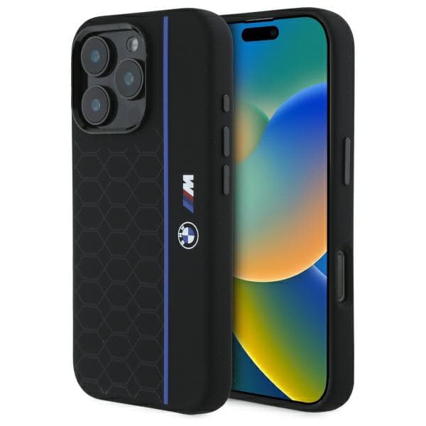 BMW Silikone Hexagon Blue Line MagSafe-etui til iPhone 16 Pro, Sort