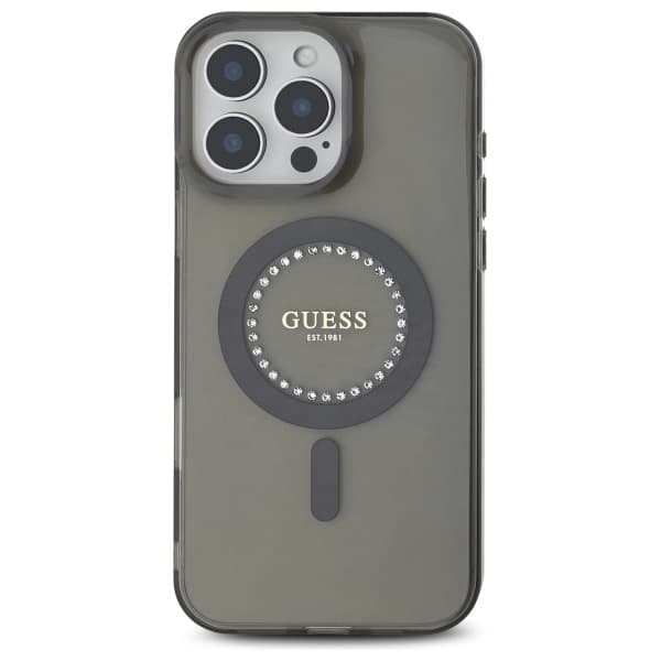 Guess IML Rhinestones MagSafe-etui til iPhone 16 Pro Max, sort