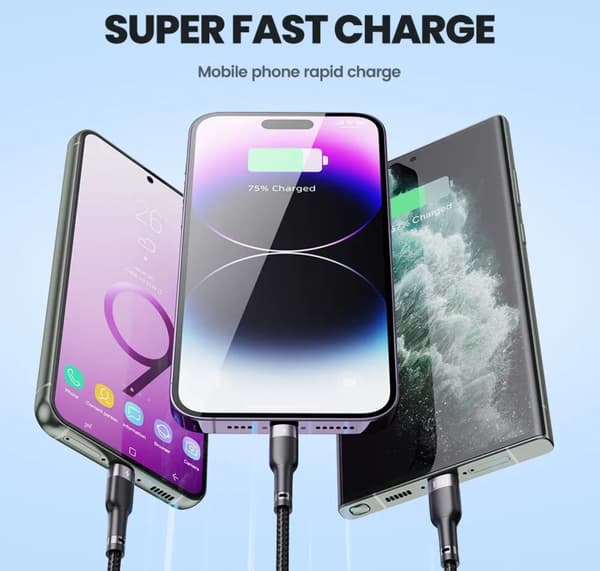 TOOCKI 3 i 1 USB - USB type C / microUSB / Lightning-kabel 1,2 m. 100W 6A