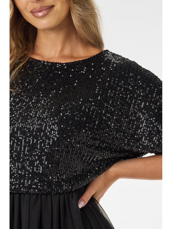 Kimono midi aftenkjole med pailletter og tyl - sort S