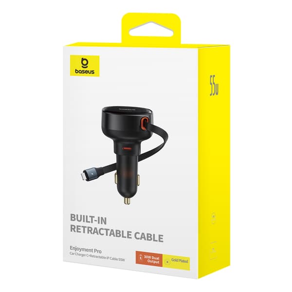 Biloplader med udtrækkeligt kabel til iPhone Lightning USB-C 60W sort