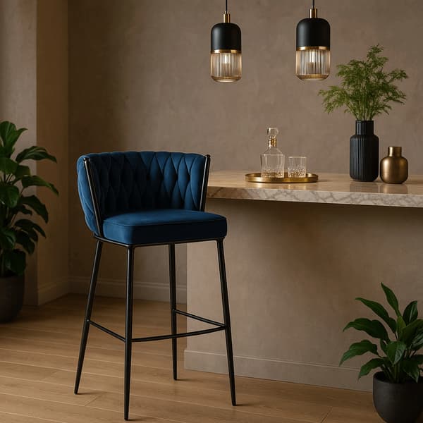 Klädd vävd barpall FLORES marinblå sammet modern loft