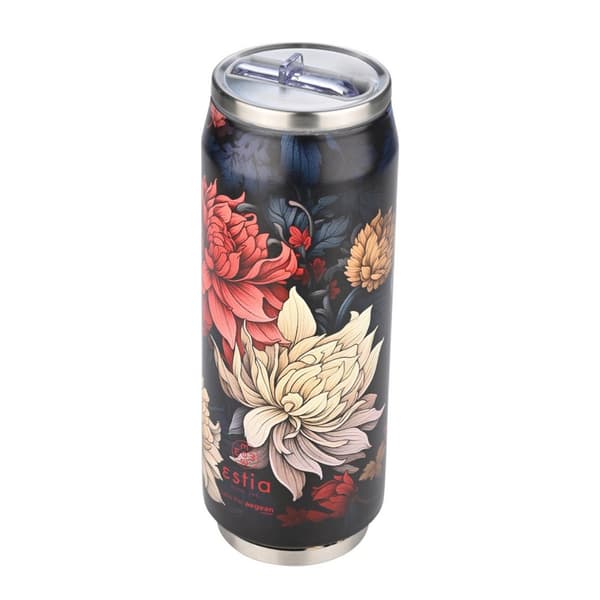 Blommig termosmugg med sugrör 500 ml Midnattsblomma