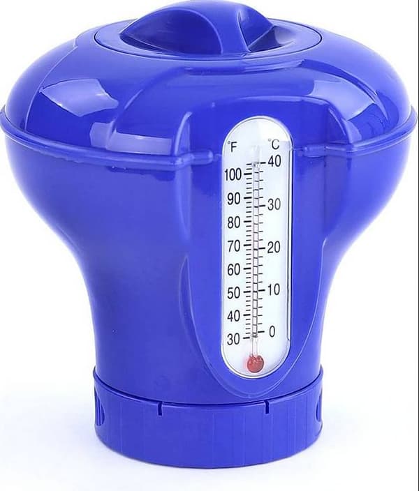 Acrylmed pooltermometerdispenser med stor flottör för kemikalier