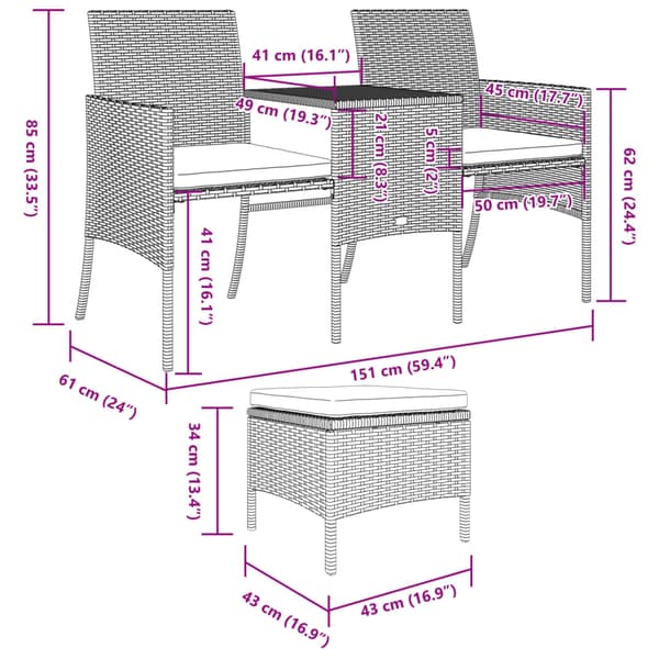 vidaXL 2-sits trädgårdssoffa med bord och pallar, grå, polyrotting