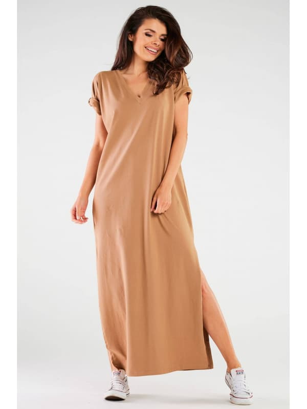 Oversized kimono maxikjole i bomuldsstrik, beige S/M