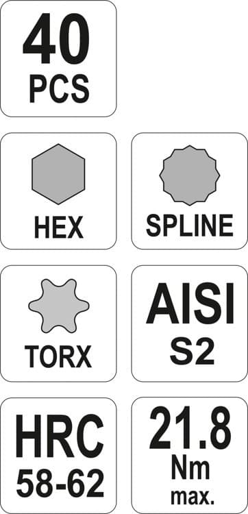 Bits Torx, Hex, Spline, sæt 40 stk. YT-0400 YATO