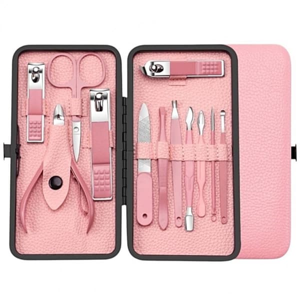 Manicure- og pedicuretilbehørssæt i lyserødt etui 12-i-1 AK20