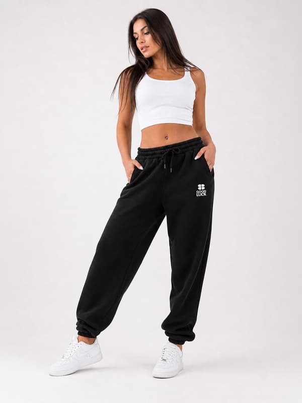 Sorte joggingbukser med GOOD LUCK-logo, M til damer