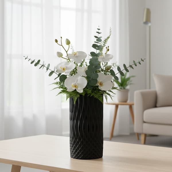 Dekorativ spiralvase, åben form, sort, til blomster, elegant