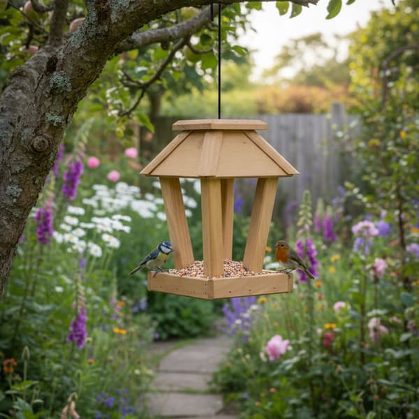 Stor fuglefoderautomat til spurve med foder af fyrretræ, 19x19x27 cm, hængende