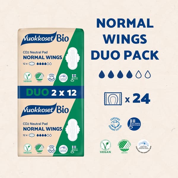 Vuokkoset, BIO, NORMAL WINGS, Binde med vingar, DUOPACK (2x12 st.)