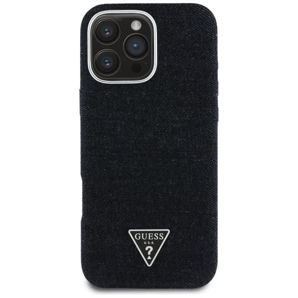 Guess Denim Triangle Logo MagSafe -kotelo iPhone 16 Pro Maxille, musta