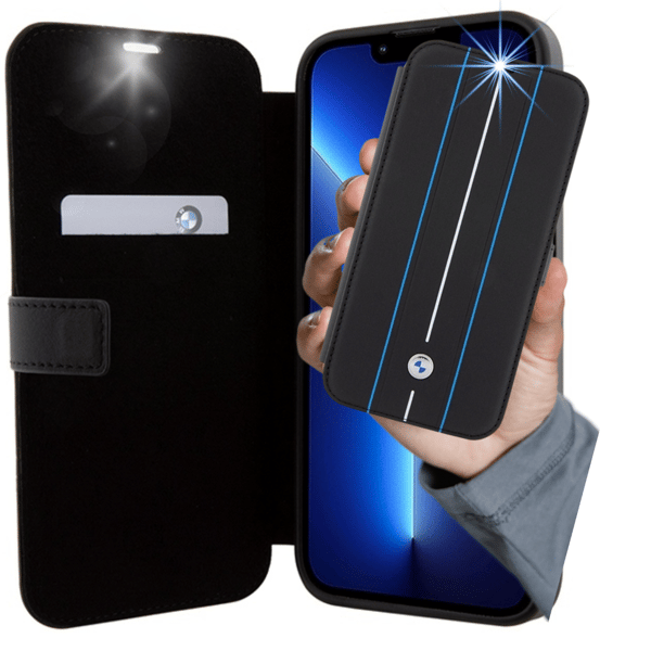 BMW Læder Flip-etui med Stamp og Blå Linjer til iPhone 14 Pro, Sort