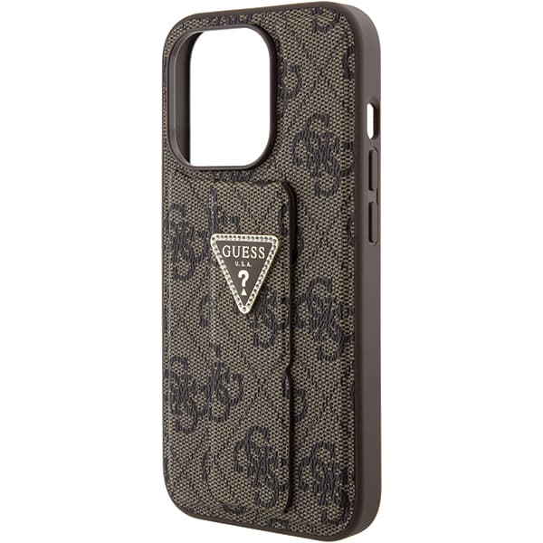 Guess Grip Stand 4G Triangle Strass-cover til iPhone 15 Pro, brun