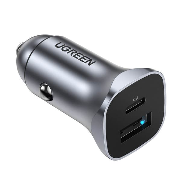 Hurtig biloplader USB-A og USB-C 30W PD PPS - Grå