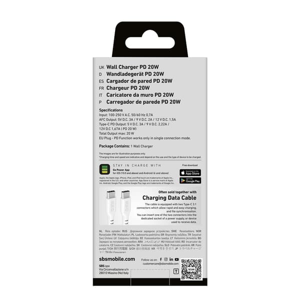 Strømforsyning USB-A USB-C 20W vægoplader - Hvid