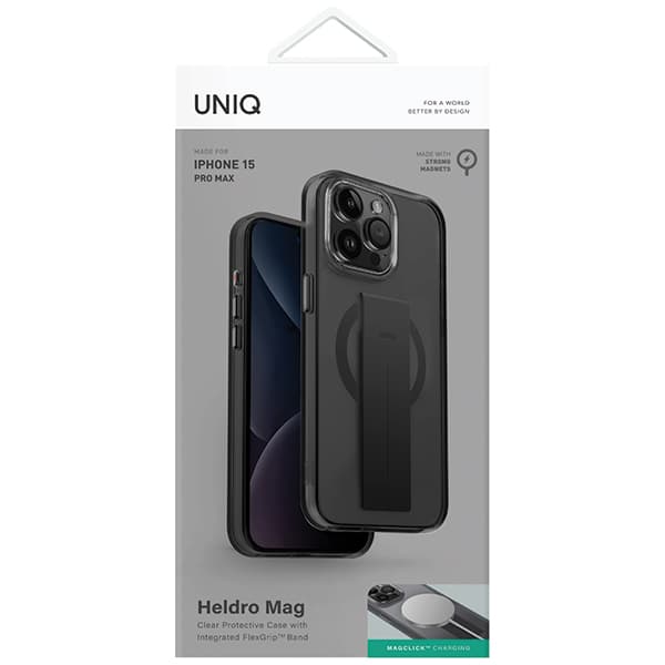UNIQ Heldro Mag -kotelo MagSafelle iPhone 15 Pro Maxille, musta