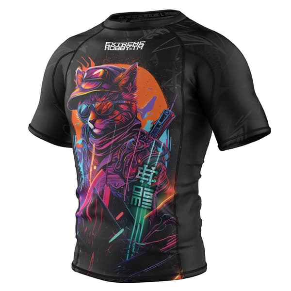 Herr kortärmad rashguard CYBER ANIMALS M BLACK CAT