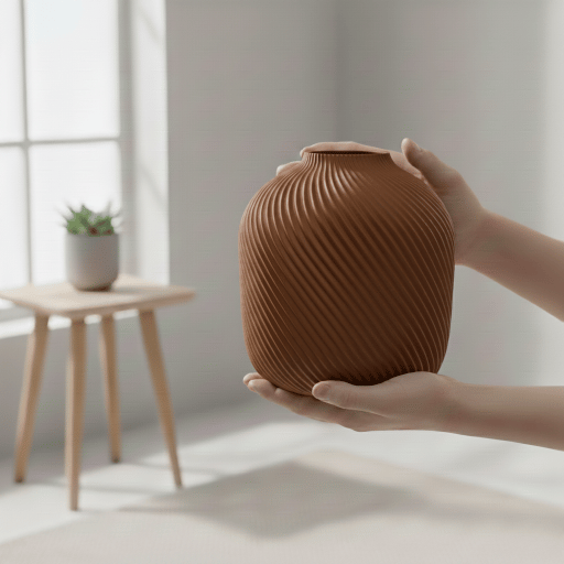 Moderne, minimalistisk, rillet brun vase til blomster og græsser