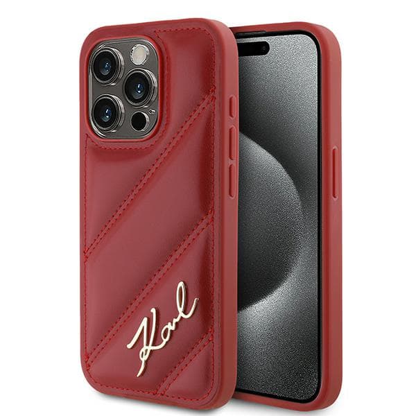 Karl Lagerfeld Diagonal Quilted Script-cover til iPhone 15 Pro, Rød
