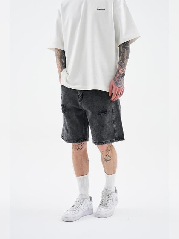 MyStars Svarta Basic Herr Mörkgrå Slitna Jeansshorts 30