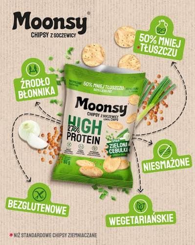 Moonsy High Protein 24%, Forårsløg - tynde linsechips 50% mindre fedt