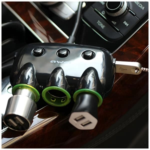 AWEI C-35 bilsplitter 3 cigarettænderstik 12V + 2 USB, sort splitter