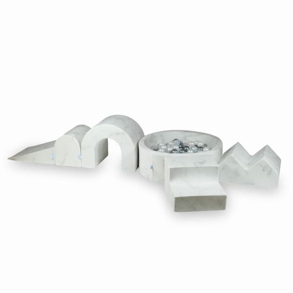 Skumlekplats med rund pool 90x30 marmor + 5 element + 200 bollar: transparent, pärlfärgad, silver