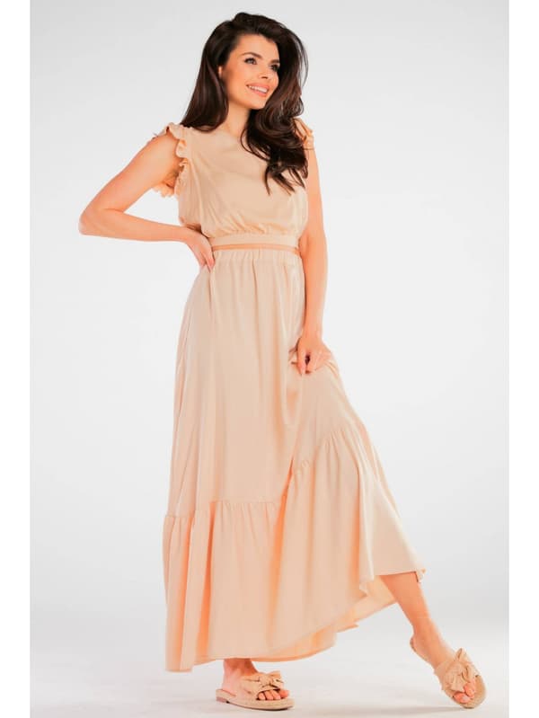 Sommar, luftig viskosmaxikjol, beige L/XL