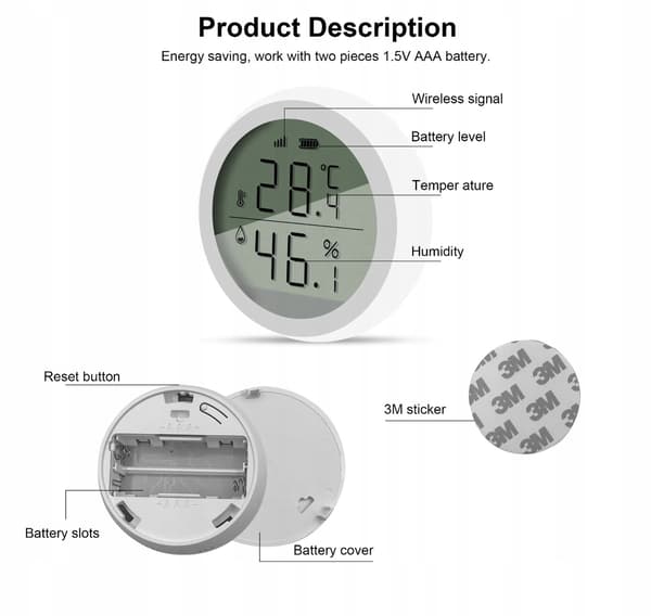 Rundt display Temperatur- og fugtighedssensor ZIGBEE LCD (ref. gateway)