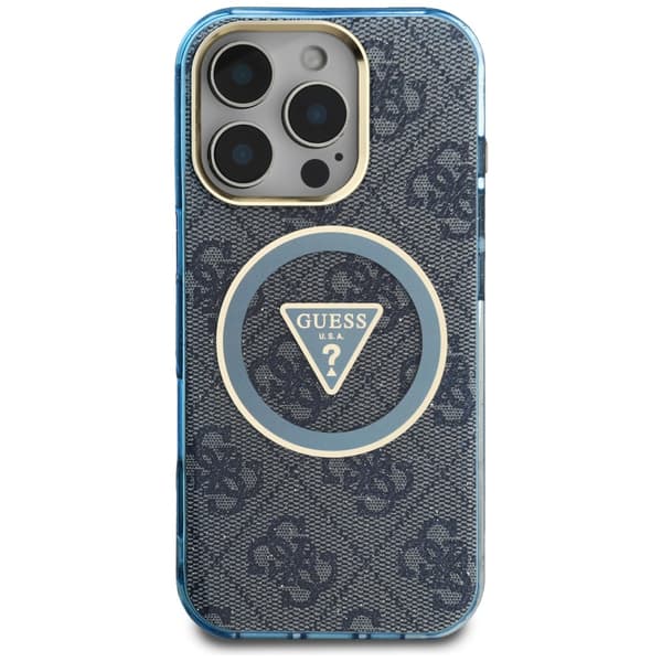 Guess IML Metal Glitter 4G Circle Triangle MagSafe-etui til iPhone 16 Pro Max blå