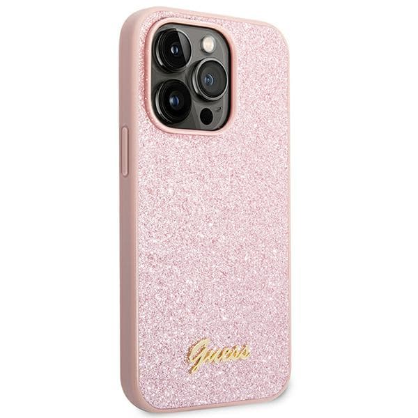 Guess Glitter Script -suojakuori iPhone 14 Pro Maxille, pinkki