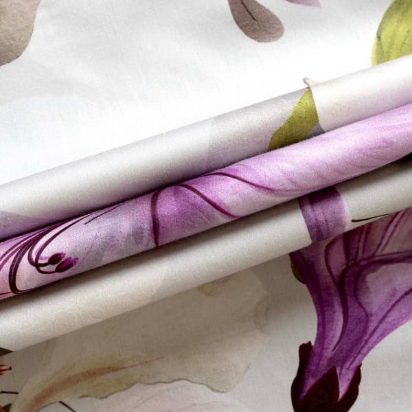 Bäddset 200x220 bomull TJOCK BOMULL satin vit lila blommor Nora