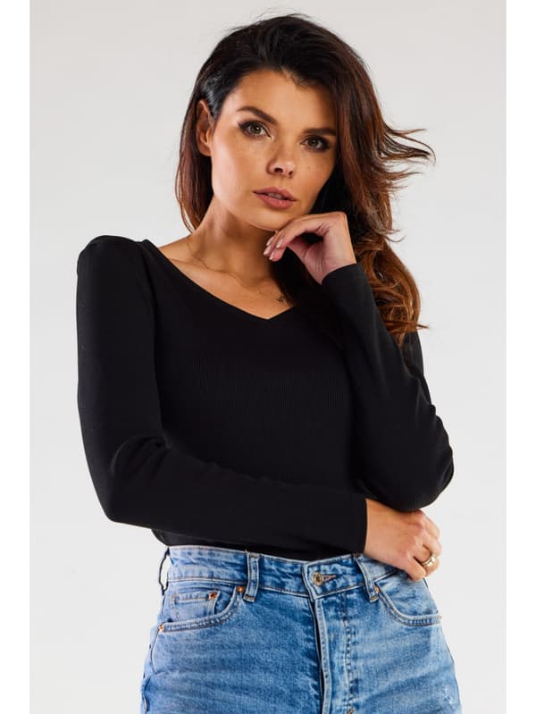 Basis bomuldsbluse med V-hals og ribstrik, sort M