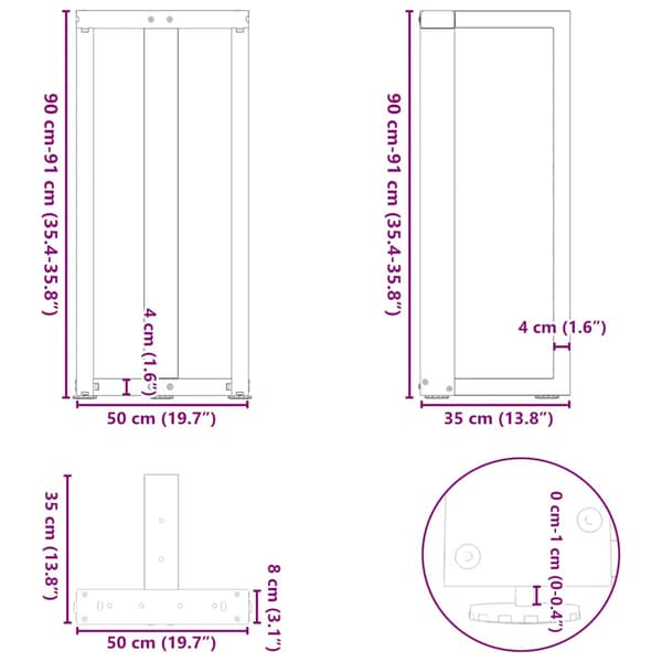 vidaXL barbordsben, 2 stk., sort, 50x35x(90-91) cm, stål