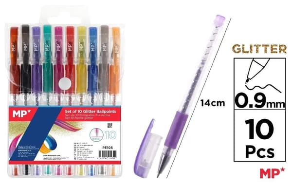 Glitterpen 0,9 mm 10 farver