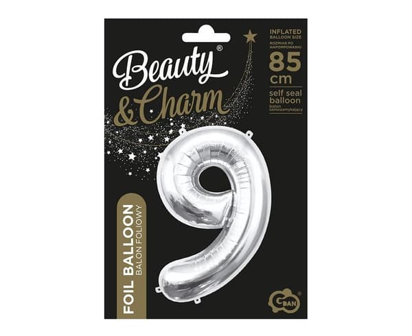 B&C folieballon nummer 9 sølv 85cm