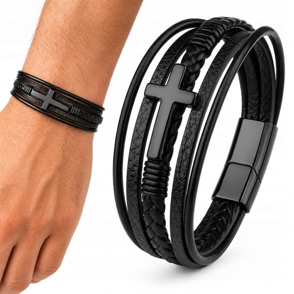 Herrflätat läderarmband med kors, presentarmband 19-22cm