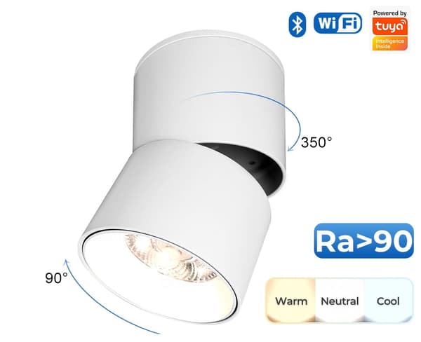 Zigbee TUYA 9W takspotlight, utanpåliggande, justerbar, dimbar, vit