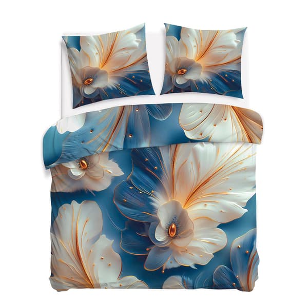 Bäddset 220x200 SATIN BOMULL digitaltryck blommor blå bakgrund