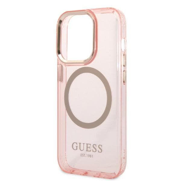 Guess Gold Outline Translucent MagSafe-etui til iPhone 14 Pro, lyserød