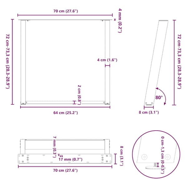 vidXL Matbordsben, 2 st, antracit, 70x(72-73)cm, stål