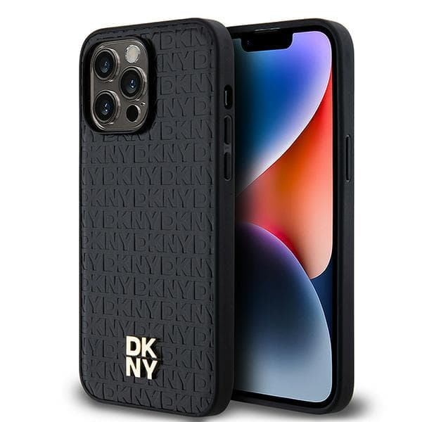DKNY Lædermonogrammønster Metal Logo MagSafe-etui til iPhone 14 Pro Max, Sort
