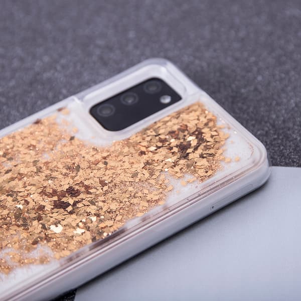 FLYDENDE GULD GLITTERETUIL TIL IPHONE 14 + GLAS