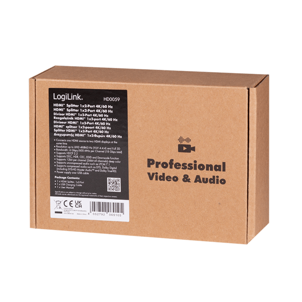 LogiLink 1x2 4K UHD HDMI-splitter, stöder HDCP, HDR, CEC, 60 Hz