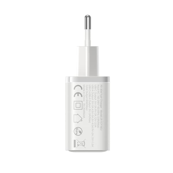 USB-C - USB-A 30W PD-väggladdare - Vit